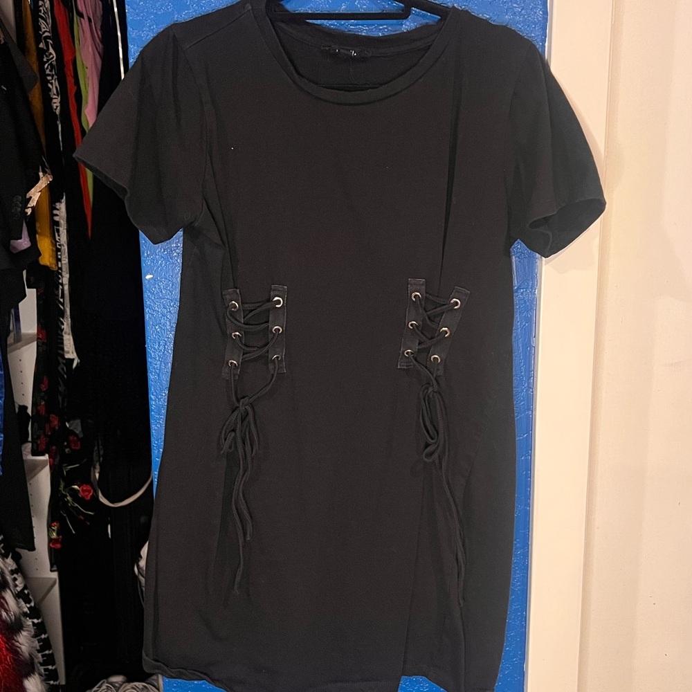 Black Lace-Up T-Shirt Dress